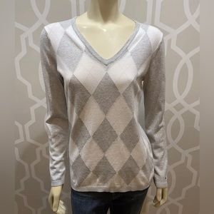 Tommy Hilfiger Womens Gray Argyle Sweater Fits Sz S V Neck Long Sleeve Cotton